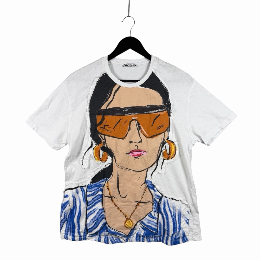 RARE Zara White T-Shirt Size S Girl Fashion Print Short Sleeve Top Tee Shirt